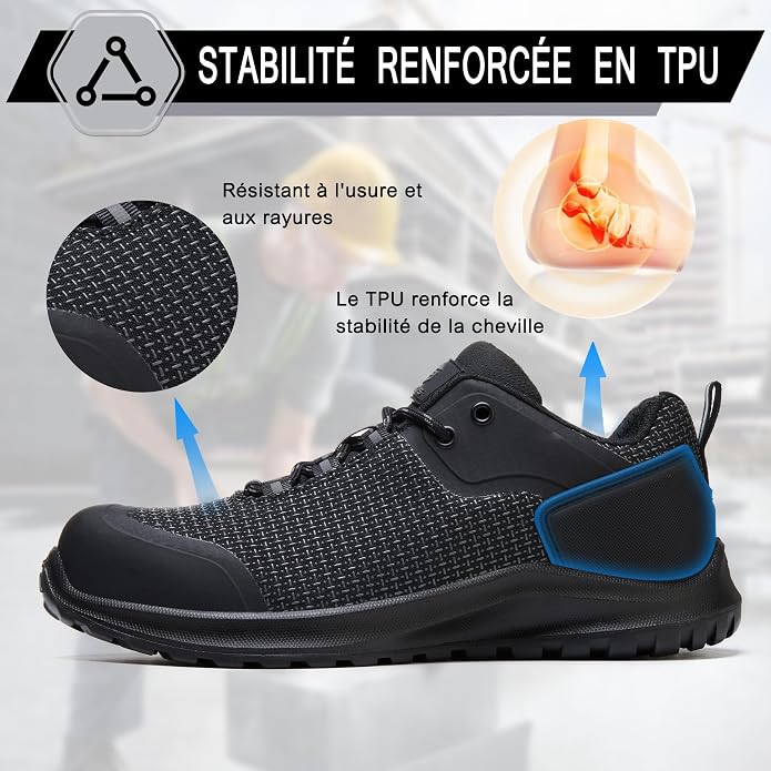 ISOOUS Safety Shoes Men Women S3 ESD Work Shoes SRC FO HRO Waterproof Safety Sneakers | Sans métal Chaussures de Travail FO Imperméables,Résistant aux hautes températures,Résistant aux rayures sur la tige