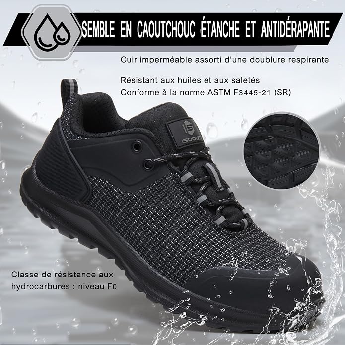 ISOOUS Safety Shoes Men Women S3 ESD Work Shoes SRC FO HRO Waterproof Safety Sneakers | Sans métal Chaussures de Travail FO Imperméables,Résistant aux hautes températures,Résistant aux rayures sur la tige