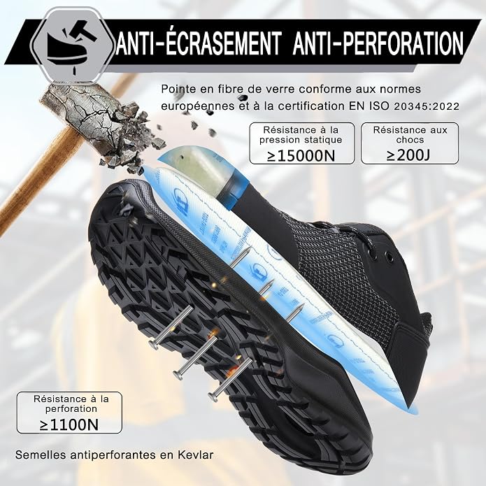 ISOOUS Safety Shoes Men Women S3 ESD Work Shoes SRC FO HRO Waterproof Safety Sneakers | Sans métal Chaussures de Travail FO Imperméables,Résistant aux hautes températures,Résistant aux rayures sur la tige